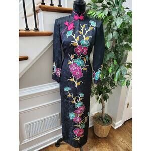 Etho Women's Black Floral Polyester Long Sleeve Long Maxi Dress Size Medium